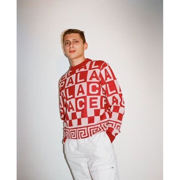 PALACE Check-It Knit Red White Logo Check Wool Blend Crew Neck Sweater, Size L - Picture 1 of 16